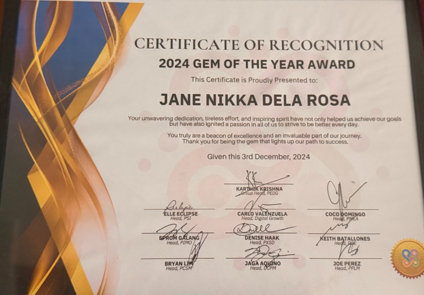 2024 Gem of the Year Award certificate