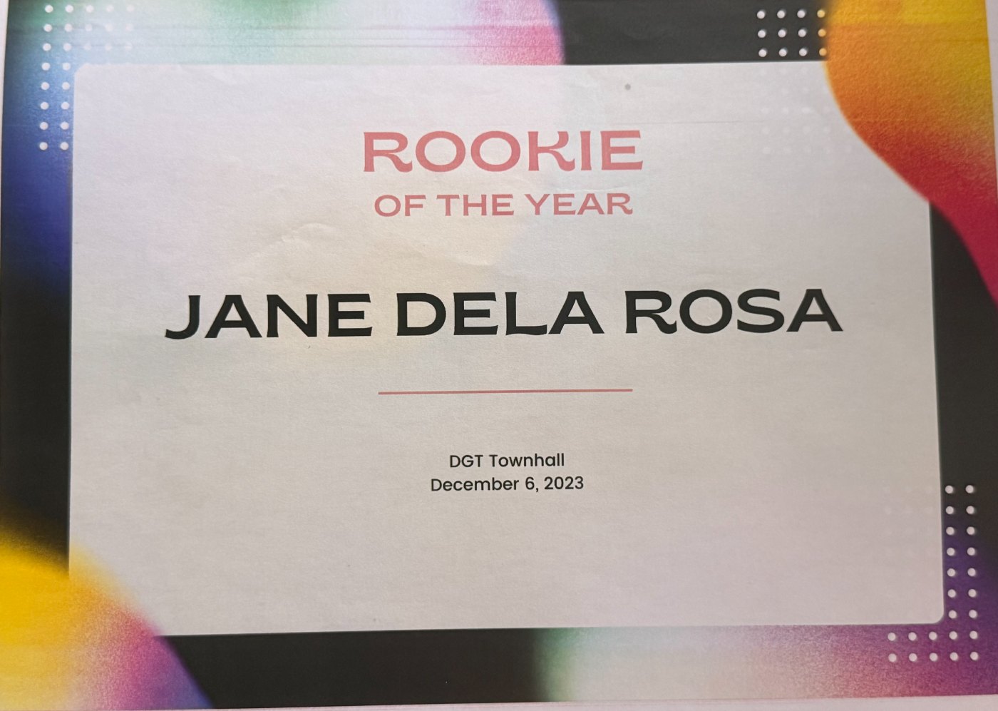 Rookie of the Year certificate, 2023