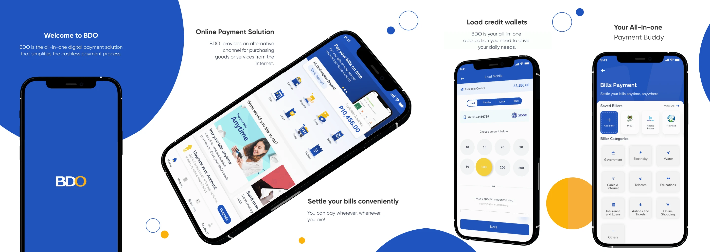 BDO app screens: Welcome, Online Payment Solution, Load credit wallets, Bills Payment