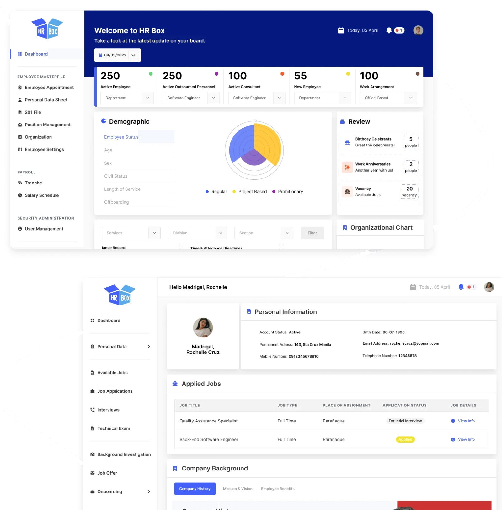 HR Box admin portal dashboard and applicant view