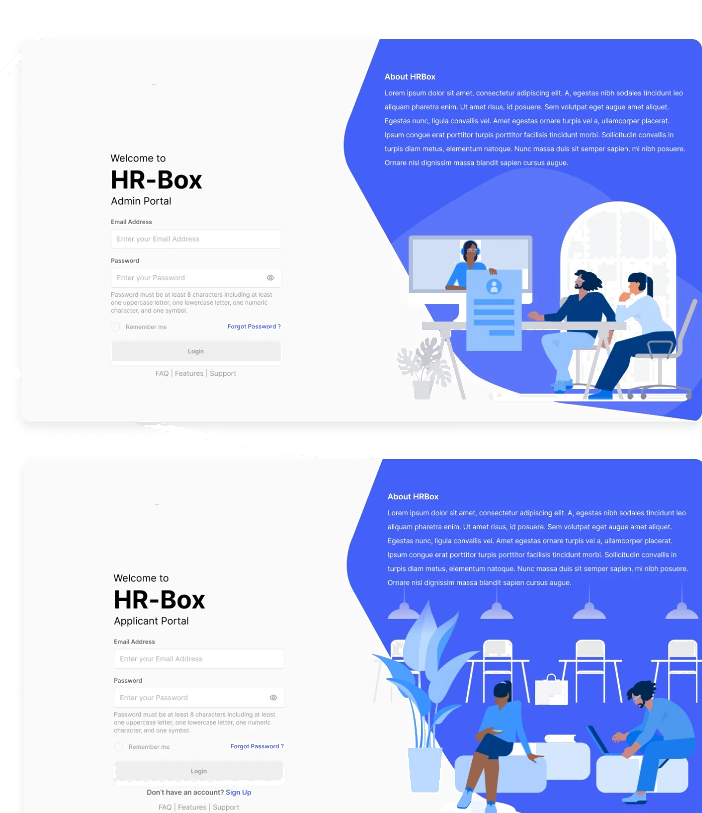 HR Box admin and applicant login pages