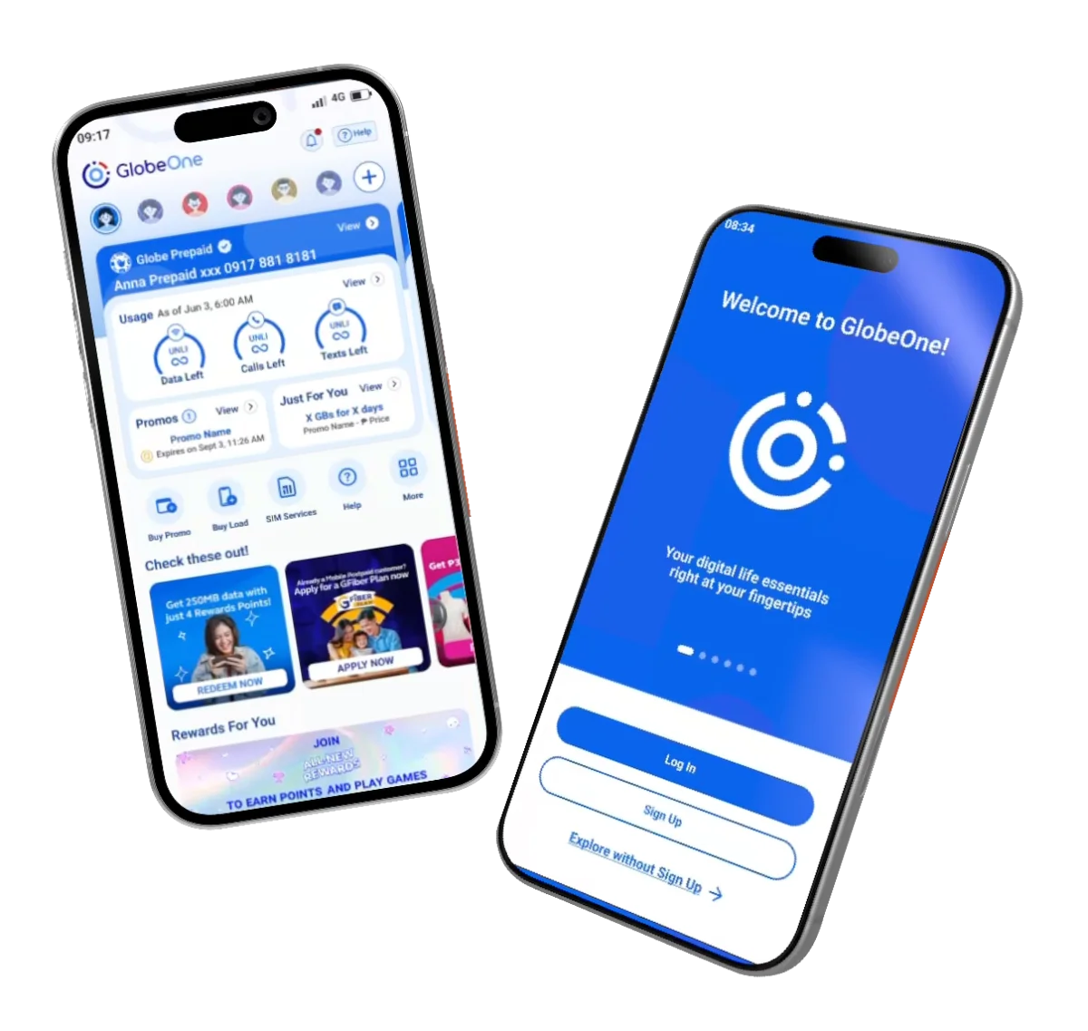 Two screens of the new GlobeOne app, angled